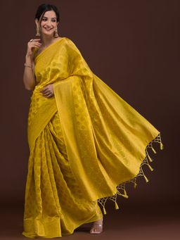 Koskii - Yellow Zariwork Art Silk Saree with Unstitched Blouse